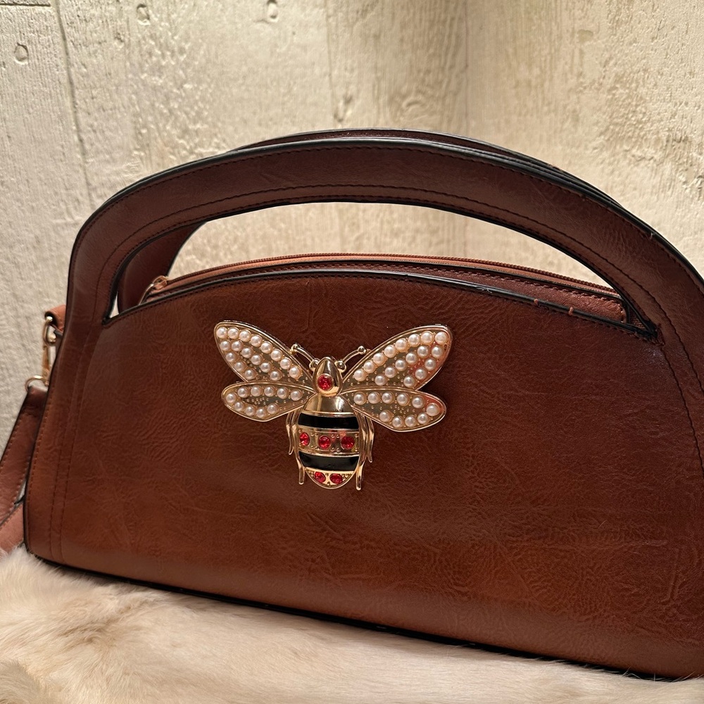 Brown Shoulder Bag with Decorative Bee Accent